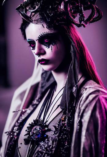 portrait photo cyberpunk gothic religious freaks carnivale circuitry fashion, arabesque tears crying, extravagant makeup jewelry, cinematic lighting photorealistic sony alpha ?7 600mm