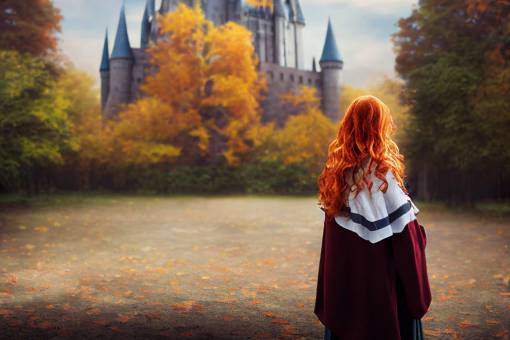 portrait, redhead young girl, blue eyes, smile, autumn, hufflepuff student, standing in front of Hogwarts Castle, detailed, composition, 4k, rule of thirds,