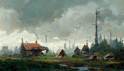 post-apocalyptic scavenger village with low scandinavian buildings, background nordic landscape with woodland and cloudy sky, by craig mullins