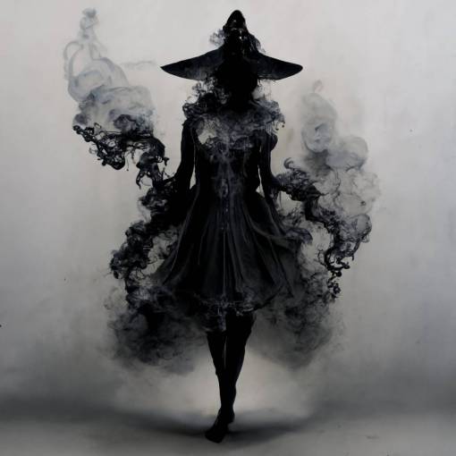 Pretty female witch appearing from smoke, smoke into body transformation, apparation, full body, ethereal, photorealistic, black and white, symmetrical face, background is misty blackness, 4k
