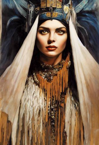 pulp cover Dean Cornwell and Earl Norem and James Avati painted portrait of a beautiful young woman mystical exotic priestess in elaborate costume .