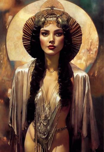 pulp cover Dean Cornwell and Earl Norem and James Avati painted portrait of a beautiful young woman mystical exotic priestess in elaborate costume .