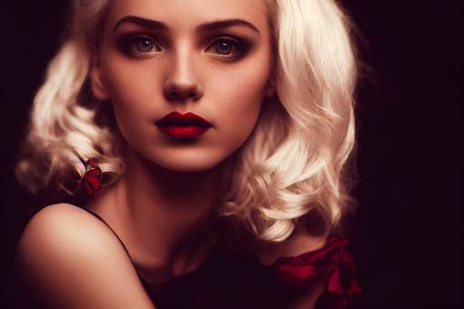 pure black background photography, Beautiful Blonde rembrandt lighting, red lipstick, portrait, intricate detail, stunning, fine art, photorealistic, rule of thirds