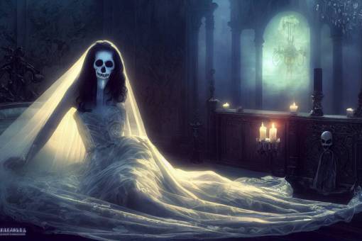 ravishing ethereal vampire bride, background skull bride altar, character design by Luis Royo, background art by Victoria Francs, illustration by Anne Stokes, magical lighting