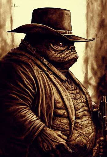 realistic dark and gritty giant slug cowboy jabba the hutt as a vigilante gunslinger