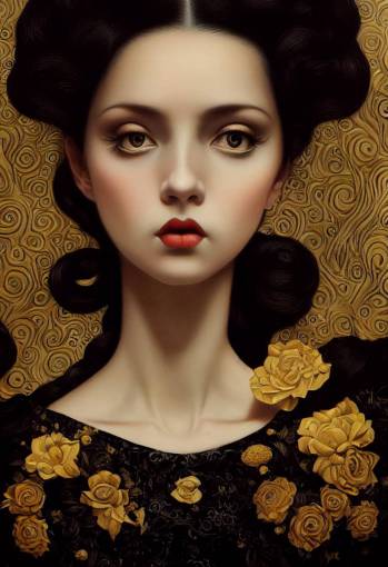 realistic female, style of Mark Ryden and Klimt, yellow and black velvet, art deco, white leather rococo furniture, highly detailed, unreal engine, beautiful lighting