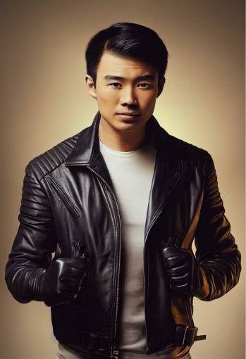 realistic photo of a handsome Asian male wearing leather jacket and leather gloves