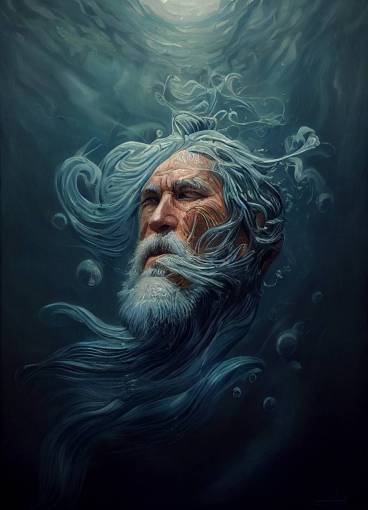 Realistic portrait of an epic wizard of oceans and fish , realistic oil painting with bold textured brush strokes and cool blue color pallette