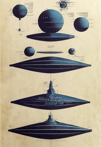 retro blueprint of an alien ship, smooth, legend, text, ensclopedia, cross-section, highly detailed, sharp, Retro, fine, details, craftsmanship, architecture, engineering, scientific