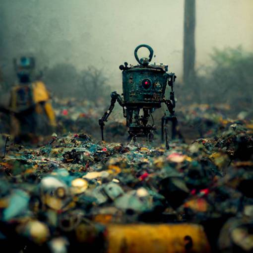 sad robot collecting metal scrap yard, hyperrealistic, photo, 4k