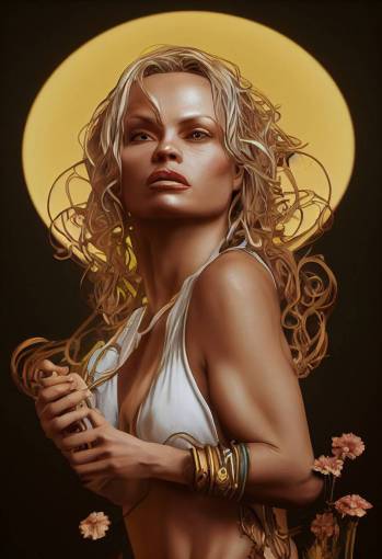 Saint Pamela Anderson, style of alphonse mucha, spiritualcore, beautiful, hyperrealism, octane render, fine details, Filmic, 8k