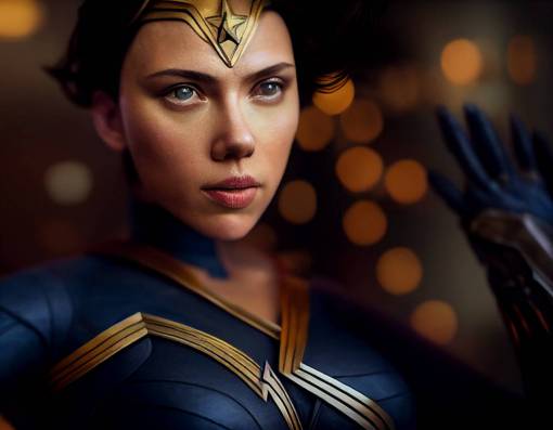 scarlett johansson as wonderwoman , full body, apparent face, realistic eyes, Long shot, symmetrical , ultra realistic details + hyper real + unreal engine 5, photorealistic, octane render, Vray + Zbrush + DirectX + Terragen + After Effects + 8k UHD + immense detail, enchanced quality + immersive detail,extreme realistic and detailed