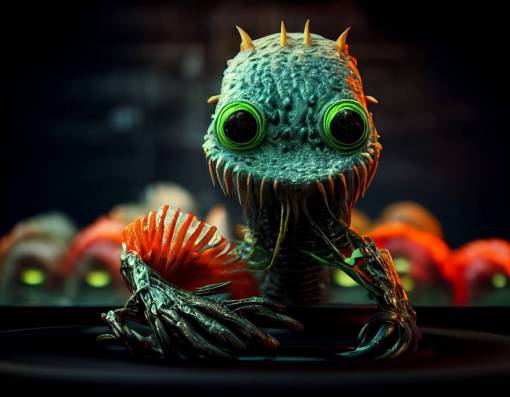 Scary sushi creature, in the style of lovecraft and h.r. giger + quantum world background + 3 3d render + 2 octane render + glow