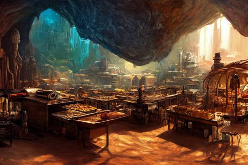 sci-fi futuristic cyberpunk baroque Marketplace in the Desert Sand Cavern of Echo, Interior, Oil Lamps, Big Wooden Leaf Coffee Shop Shack, many potted Plants