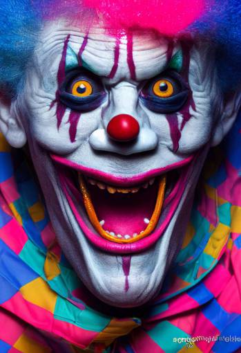 screaming clown in an echo chamber as depicted by Robert Mapplethorpe, realistic yet grotesque, colored underlighting, bright clown makeup, cinematic lighting, photorealistic portrait, ultra detailed, DOF, vivid colors, f2.8, 50mm,