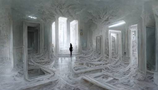 searching the ECHO in a perfect White room with organic walls, very detailed , very realistic , all white shades, 8k,