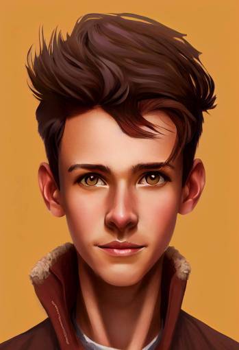 Skinny teenage boy, Eyes are grey, messy copper brown hair + ponytail, sly smile, tan jacket, Rody Soul from World Heroes Mission, tan, symmetrical face, trending on artstation, Alexandra Fomina artstation, style by Loish, Norman Rockwell, illustration, high contrast