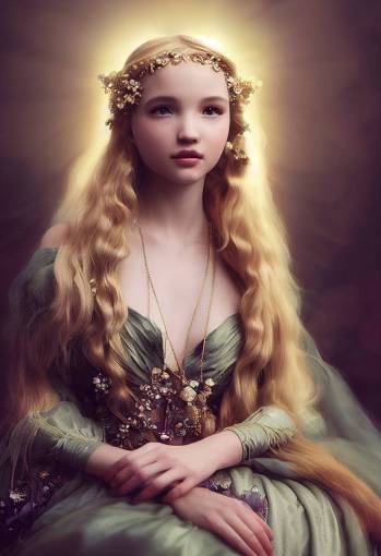 Soft focus portrait of a young Dove Cameron as a faerie woman with very long blonde hair, detailed silk gown, alphonse mucha, art nouveau, intricate bead design, intricate jewelry necklace, moonlight, gold, lilac, mist, photorealistic, studio light, octane render, unreal engine, hyper detailed, volumetric lighting, hdr, octane render, 4k, 8k