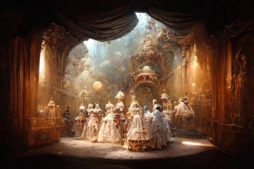 Space Opera in Grande Victorian open-air theater, epic stage portal of an Echo of Thtre D'opra Spatial women in frilly dresses and space helmets, Victorian-style costuming with natural lighting and ornate rococo ceiling, rustic warm colors