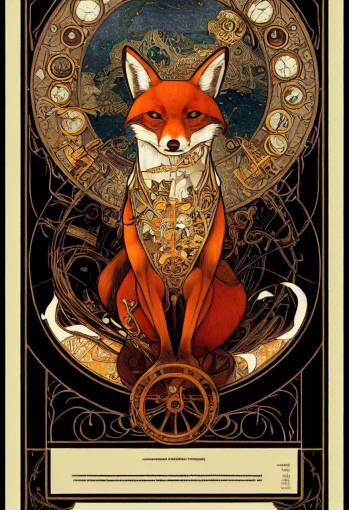 Steampunk fox, illuminated manuscript, atlas of the world, art nouveau art deco style, by alphons mucha, highly detailed, stained glass, intricate, 8k