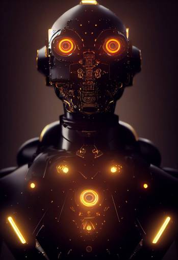 steelpunk masculine robot with hard features, gold and black fractal ornaments, red glowing brilliant eyes, volumentric lighting, 8K octane render, 100mm lens