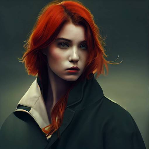 straight dark-redhair woman with an old vaguely star-shaped scar across her left eye, she looks focused and wild, intense gazing, sh's wearing a cynbernetic jacket