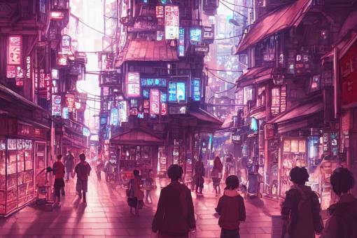street view of a cyberpunk city town square, shops and restaurants, crowded, highly detailed, detailed architecture, by Studio Ghibli, by Hayao Miyazaki,