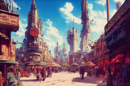 Street view of a wondrous amazing fantasy city town square, mix of Atompunk Dieselpunk styles, shops restaurants and theaters, festive and lively, springtime, cinematic, detailed, by Miyazaki, studio Ghibli