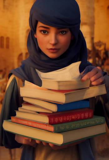[Student carrying books] + [Middle eastern clothes, arabic clothes] Portrait. Volumetric lighting. Unreal engine. Octane render. Fantasy. Ultra hd. 8K.