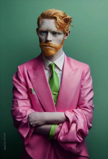 studio portrait of masculine ginger man with green eyes wearing pink taffeta
