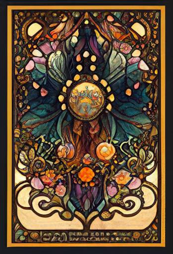 stunning tarot card intricate border , astrological steampunk borders,art nouveau style, by alphons mucha, highly detailed, stained glass rainbows , intricate