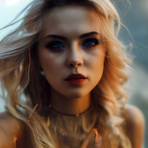 Stunningly beautiful woman with blonde hair, fire in eyes, looking at camera, 8k photography, realistic, cinematic lighting, full body in frame, focus on eyes, dress