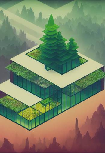 surreal magical Art Deco isometric forestpunk glasshouse, in the style of 1998 pixel video games