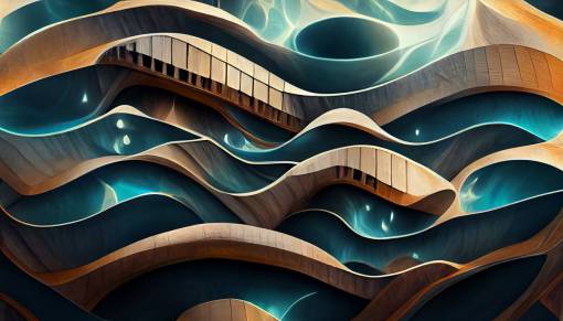 surreal music echoes twisting the water, 3-D architecture, abstract-detailed-background, photo-realistic, background, unique pattern