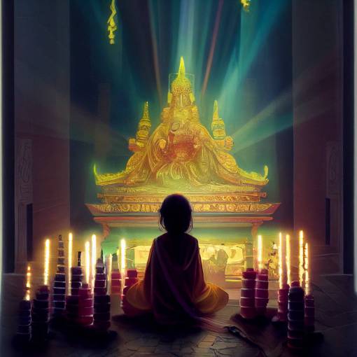 sweet sleeping girl on the bottom left of the composition she is in a temple with hundreds of glowing long tapered candles and there is etheric mist everywhere and rays of golden light coming down through small windows at the top of the sacred temple beautiful