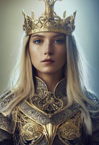 symmetric full portrait of a beautiful blonde woman knight + chilling stare and long hair, wearing a jeweled diamond crown and gold dragon armour, + finely detailed Costume, intricate filigree metal design, cinematic lighting, 4k, 8k, unreal engine 5, octane render,