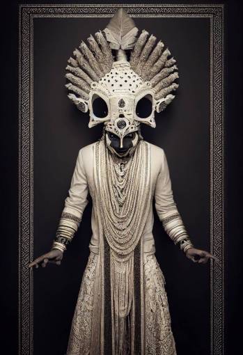 symmetric full portrait of a two faced Evil Indian God + chilling stare, wearing a Indian Dress, + finely detailed Costume, intricate filigree metal design, cinematic lighting, 4k, 8k, unreal engine 5, octane render,