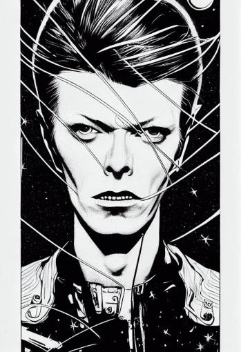 symmetrical David Bowie ziggy stardust , realistic, starry night, graphic novel, black and white, pen and ink, comic book