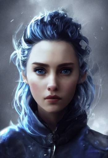 Tall lovely young woman, eyes that are bright blue, glowing blue eyes, white wild messy hair, burn scars, leather jacket, Rhaenyra Targaryen from house of the dragon, smoke, blue fire, Portrait + Pixar Artstyle + Overwatch Artstyle + 3D rendered