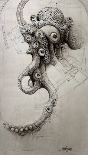 technical drawing of octopus, intricate detail, hyper details