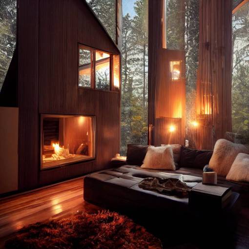 the cozy living room interior of a modern a-frame style glass house in the woods surrounded by trees , beautiful fireplace inside with fur rugs and big couch with lots of glowing candles inside , gorgeous expensive realistic