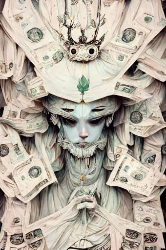 the deity of the dollar, a tall gaudy crown stands on their head, dollar bills, a being of Greed and Stolen Treasure rich, powerful, surrounded by treasures of America in a castle with a desk, dreamy, ethereal