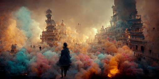 the echo of a fallen civilsation, smooth smoke, shapes cut out of paper, elegant, intricate details, hyperrealistic, octane render, fog, dramatic light, very colorful, cinematic, insanely detailed, film grain, awe-inspiring, particles, burning, sharpen, 32k,