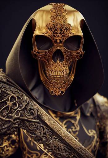 The grim reaper with scythe and hood, skull and bones, portrait, close-up, 3/4 view rotated, finely detailed golden armor, intricate filigree metal design, silver, steel, silk, cinematic lighting, 4k, 8k, unreal engine, octane render.