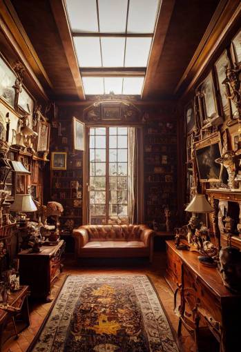 the house of Curios, interior of a Georgian Manor, trinkets, strange objects, taxidermy, smoking room, downton abbey, beautifully lit, lavish, cinematic composition, luxurious, leather furniture, wall paintings, wood panelling, highly realistic, hyper detailed,