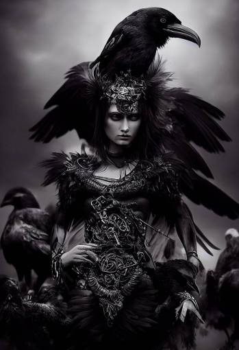 The Morrigan Warrior Goddess, with ravens,carved in black marble with cracking,silver highlights,intricate details, octane render, intricate filigree, black feathers, hyper realistic, baroque style, epic light,