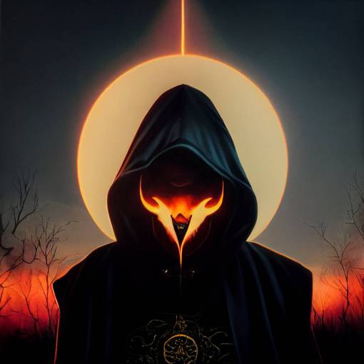 the occult god of vengeance with eyes of white and blue flame glowing in the shadows of his hood, ultra realstic, epic backlighting, sunset golden hour,
