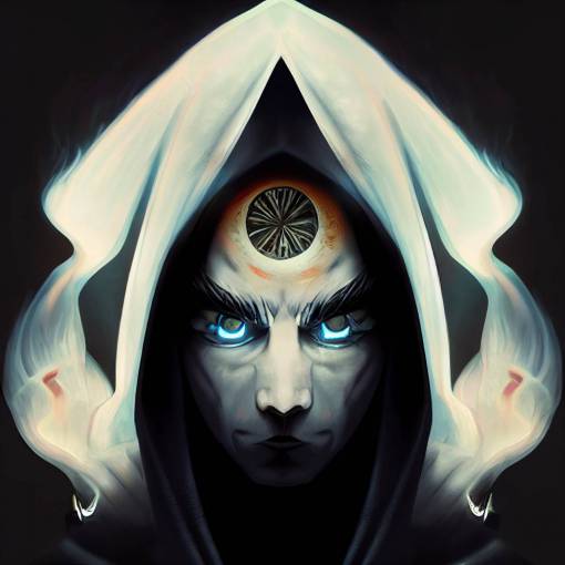 the occult god of vengeance with eyes of white and blue flame glowing in the shadows of his hood, portrait manga style