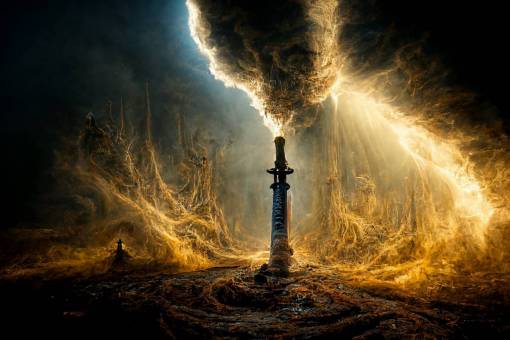 the sword of destruction ripping through the echo of time, photorealistic, dramatic lighting, backlit, 8k, panorama,