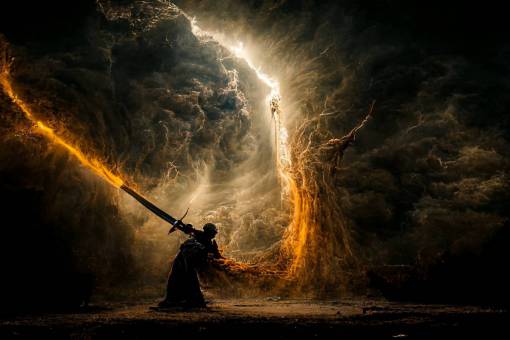 the sword of destruction ripping through the echo of time, photorealistic, dramatic lighting, backlit, 8k, panorama,